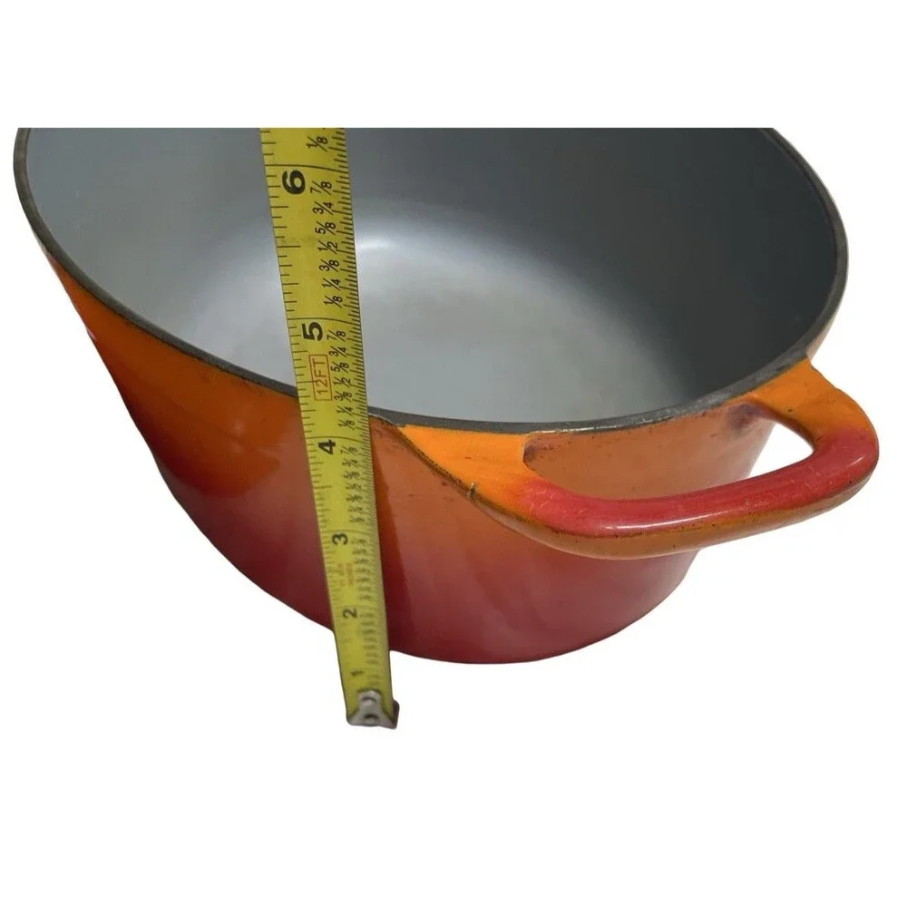Vintage Flame Orange  Dutch Oven 4 Quart Enamel Cast Iron Oval Belgium MCM